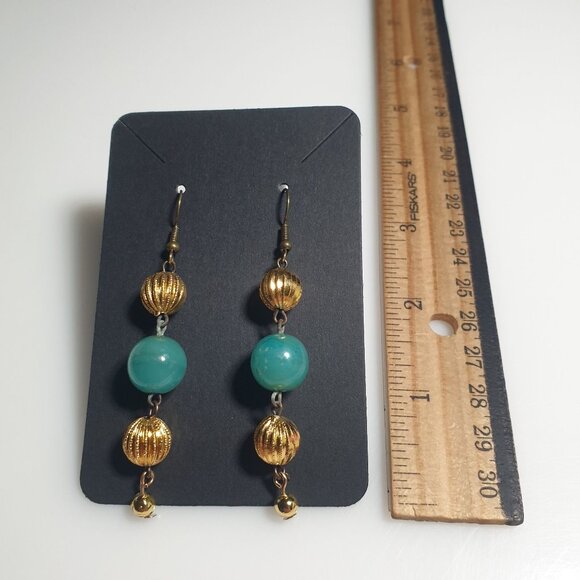 Handmade Gold Tone Aqua Beaded Dangle Drop Earring Hook Back Upcycle Twice Loved - Picture 2 of 4